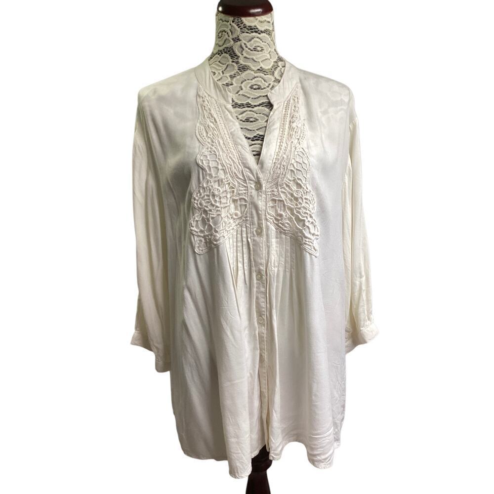 Chelsea Studio Blouse crochet V-Neck Button Up 3/4 Sleeve 2X cream